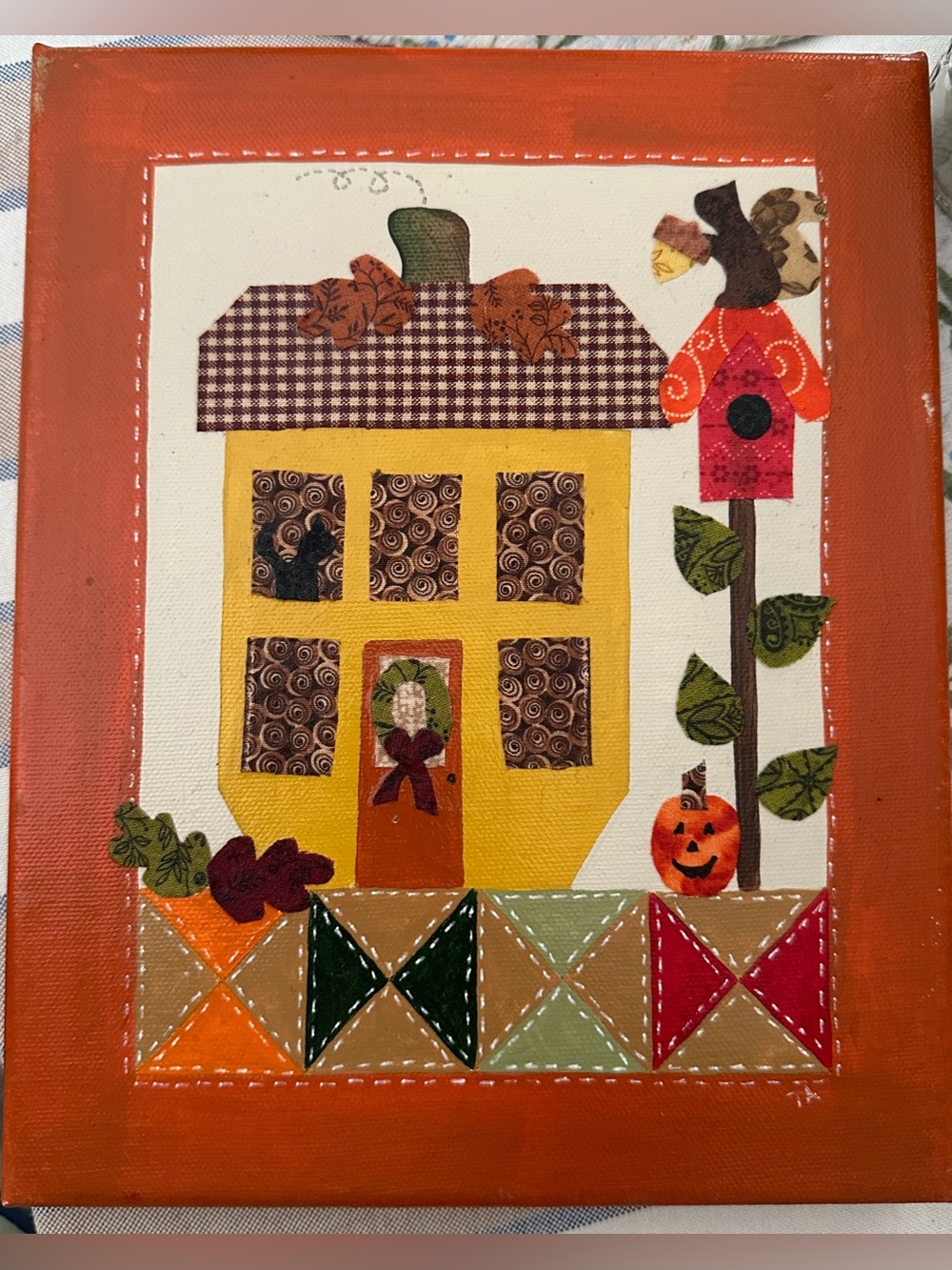 Autumn Pumpkin House Fabric Appliqué Wall Art - Cottagecore Fall Decorative Art